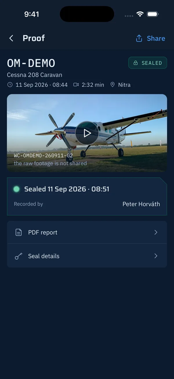 Proof of a sealed walkaround with the video fingerprint and the PDF report