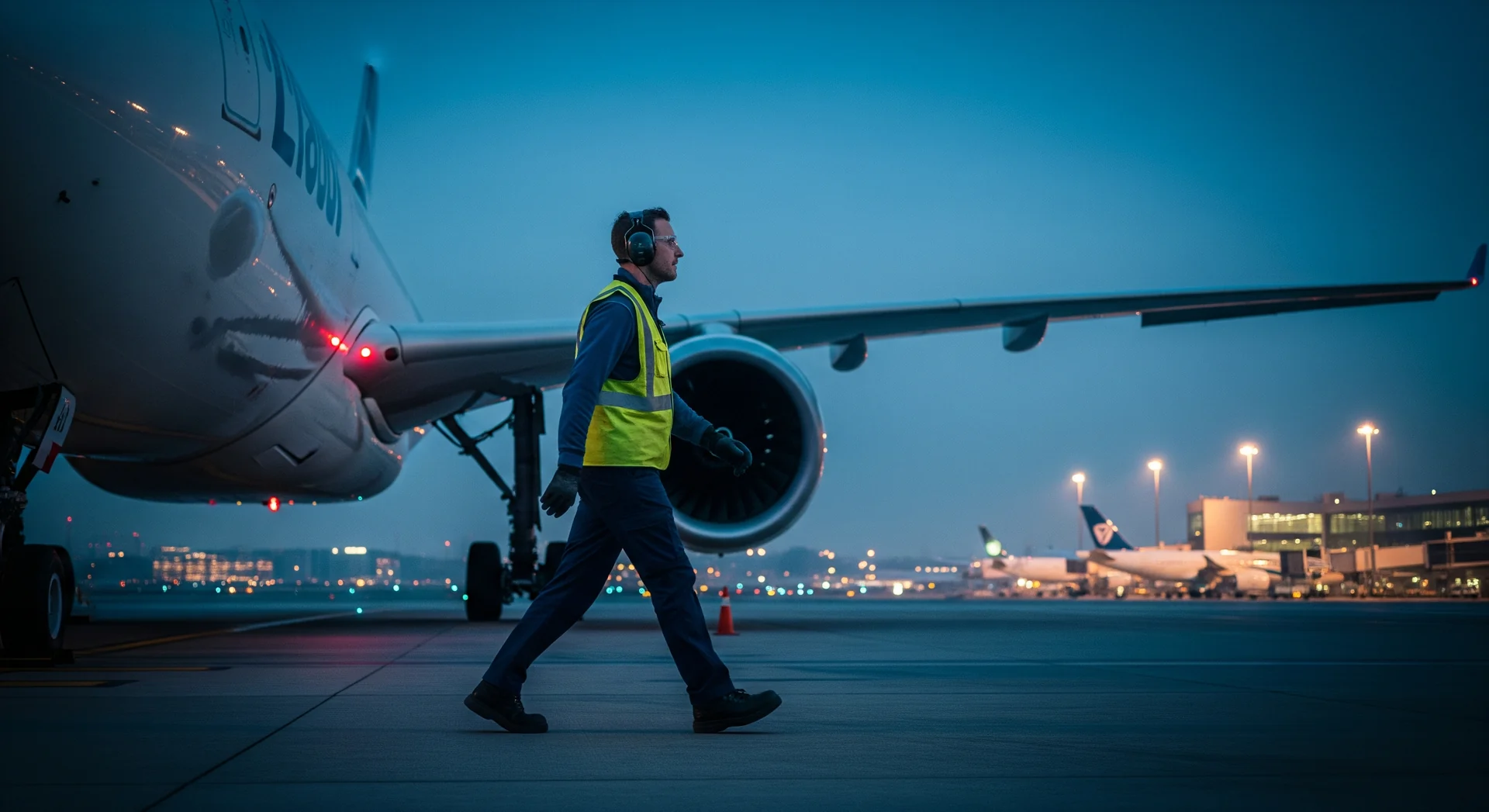 Ground crew member in a high-visibility vest on the airport apron beside an aircraft at dusk.