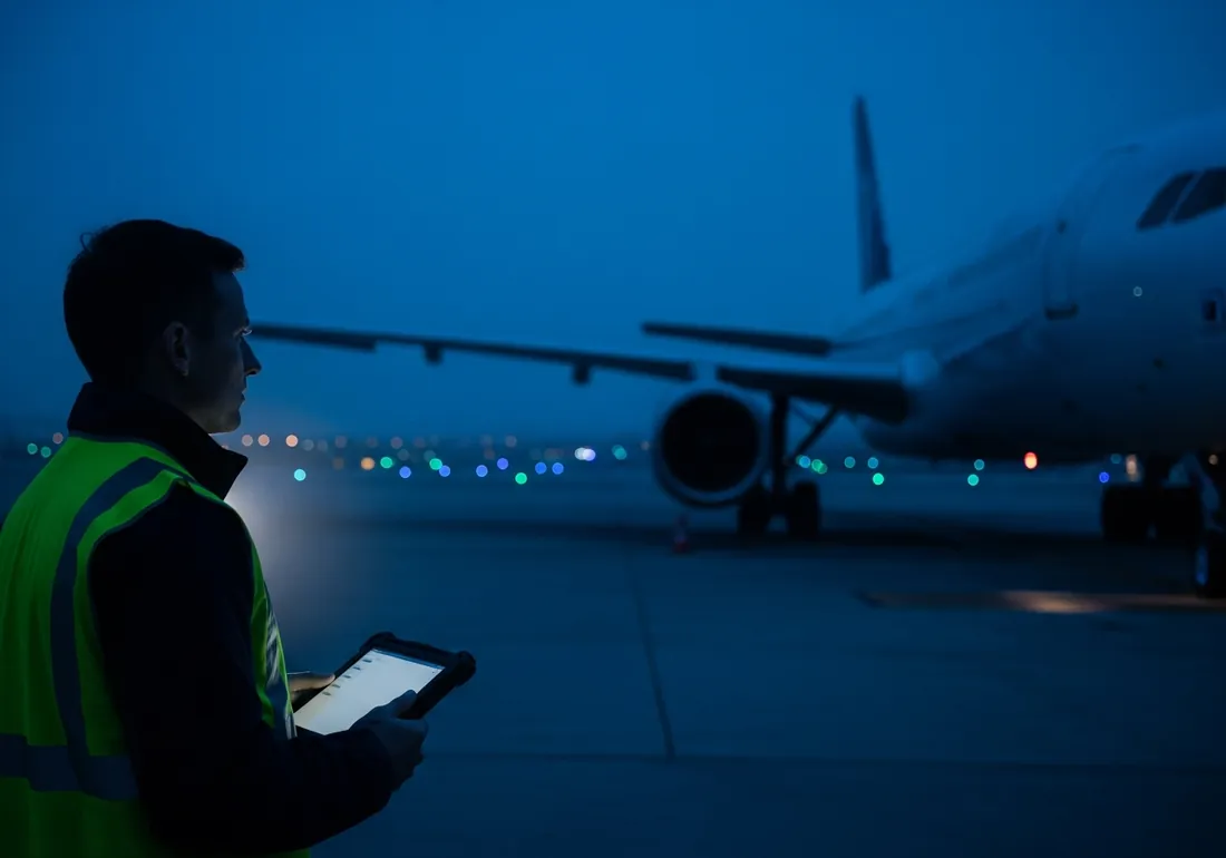 A ground operations worker using a rugged tablet on the apron beside an aircraft at dusk.